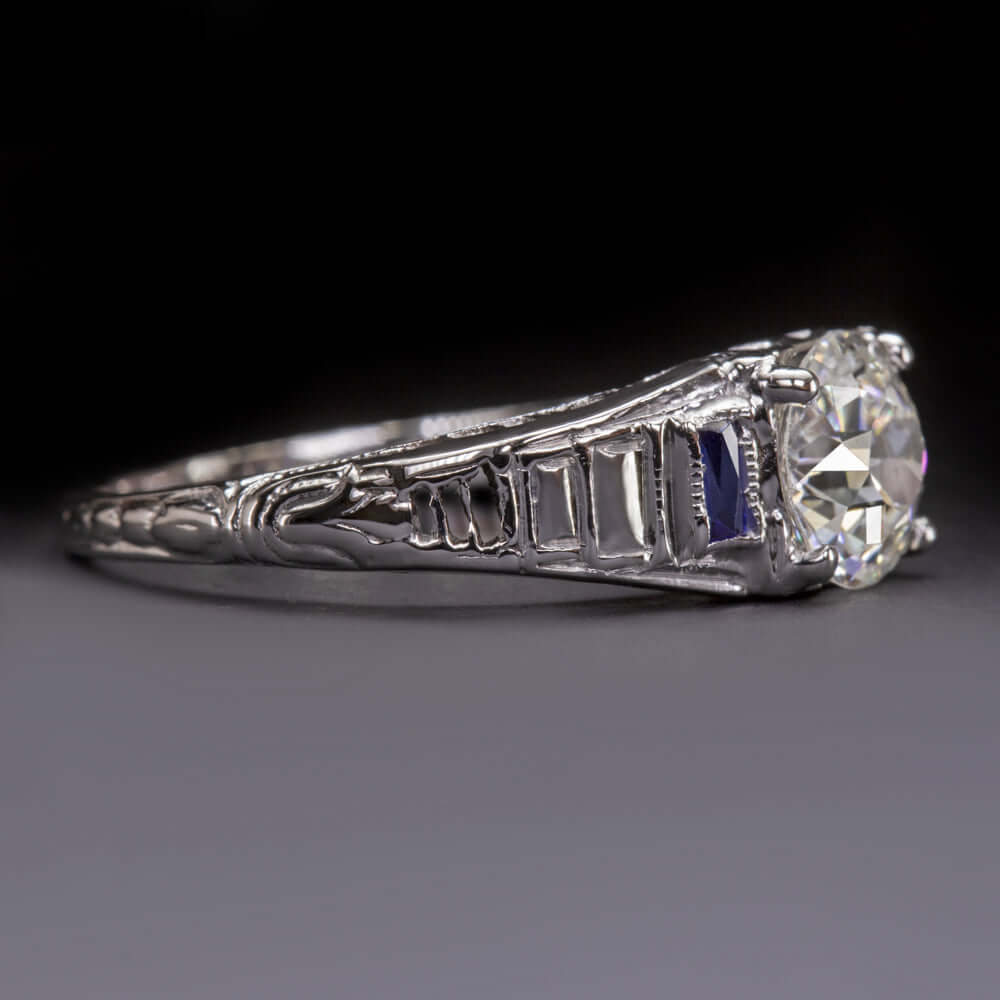 1ct F-G SI1 CERTIFIED DIAMOND ENGAGEMENT RING ORIGINAL VINTAGE ART DECO SAPPHIRE