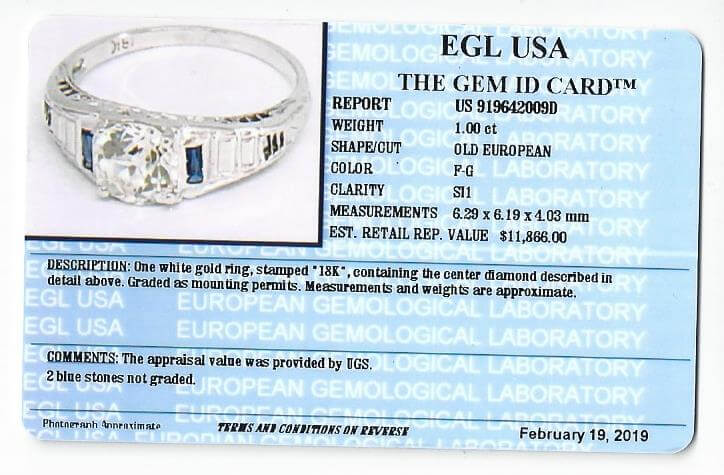 1ct F-G SI1 CERTIFIED DIAMOND ENGAGEMENT RING ORIGINAL VINTAGE ART DECO SAPPHIRE