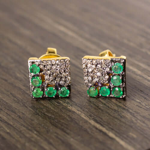 DIAMOND EMERALD SQUARE STUD EARRINGS NATURAL GEMSTONE PAVE GEOMETRIC GREEN BLACK
