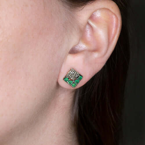 DIAMOND EMERALD SQUARE STUD EARRINGS NATURAL GEMSTONE PAVE GEOMETRIC GREEN BLACK