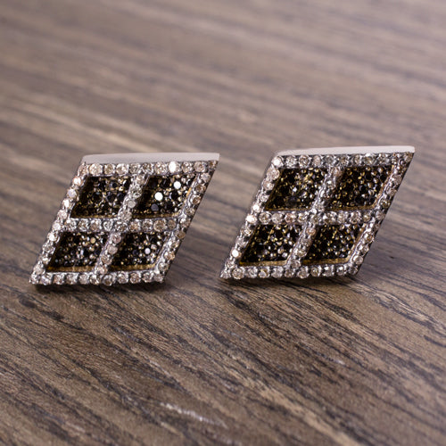 NATURAL DIAMOND PAVE STUD EARRINGS 1.65ct BLACK AND WHITE GEOMETRIC KITE SHAPE