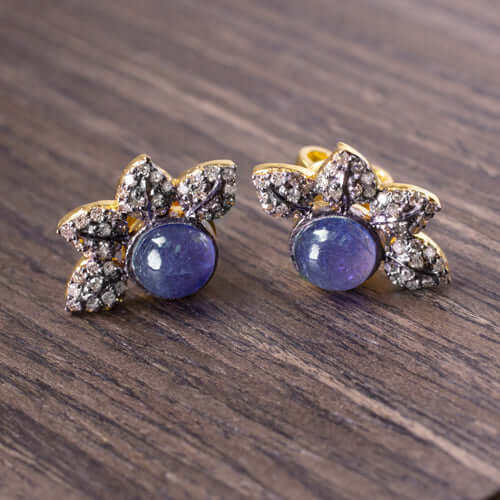 FLORAL STUDS NATURAL DIAMOND BLUE TANZANITE EARRINGS PAVE LEAVES BOTANICAL BLACK