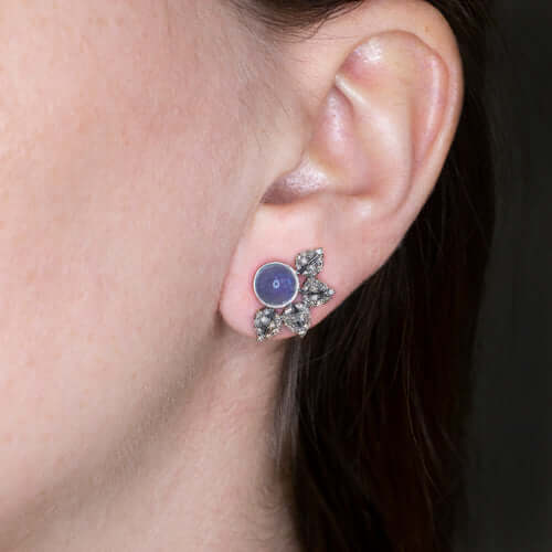 FLORAL STUDS NATURAL DIAMOND BLUE TANZANITE EARRINGS PAVE LEAVES BOTANICAL BLACK