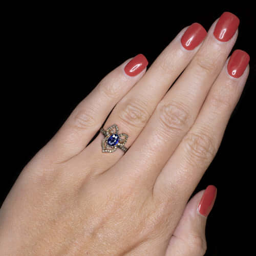 BLUE KYANITE NATURAL DIAMOND COCKTAIL RING FLORAL BOTANICAL MODERN BOHO STYLE