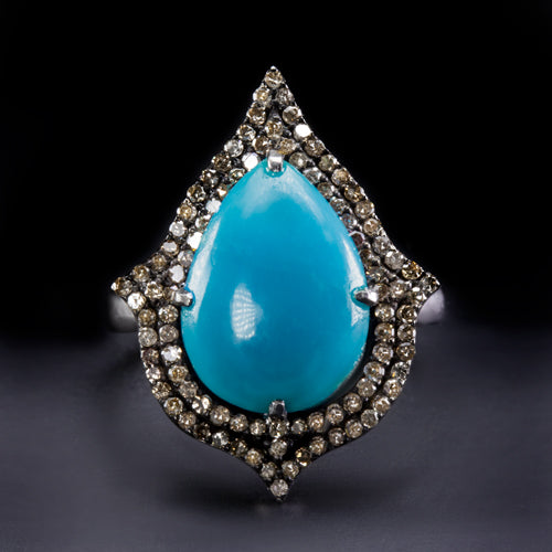 TURQUOISE DIAMOND COCKTAIL RING BLUE NATURAL PEAR TEARDROP SHAPE VINTAGE STYLE Ivy & Rose