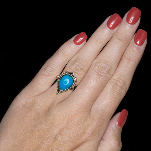 TURQUOISE DIAMOND COCKTAIL RING BLUE NATURAL PEAR TEARDROP SHAPE VINTAGE STYLE Ivy & Rose