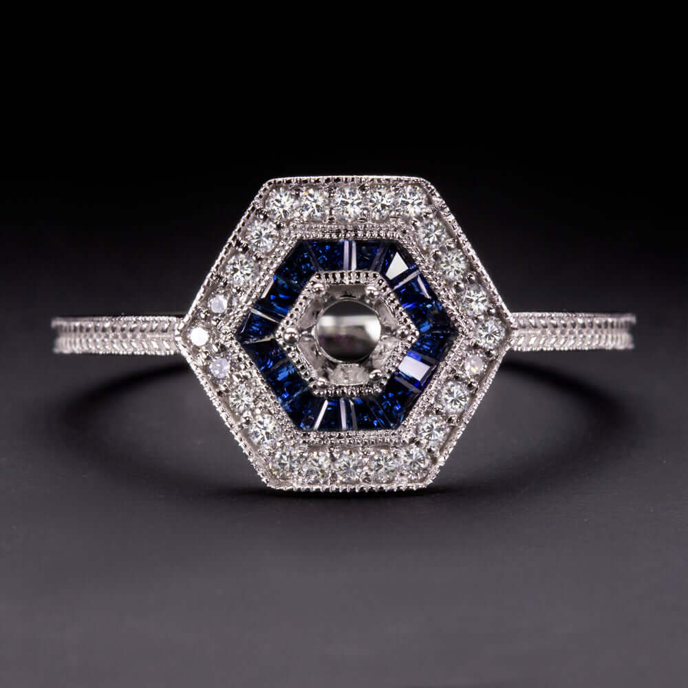 DIAMOND SAPPHIRE VINTAGE STYLE RING SETTING ROUND 4m ART DECO SEMI MOUNT CALIBRE