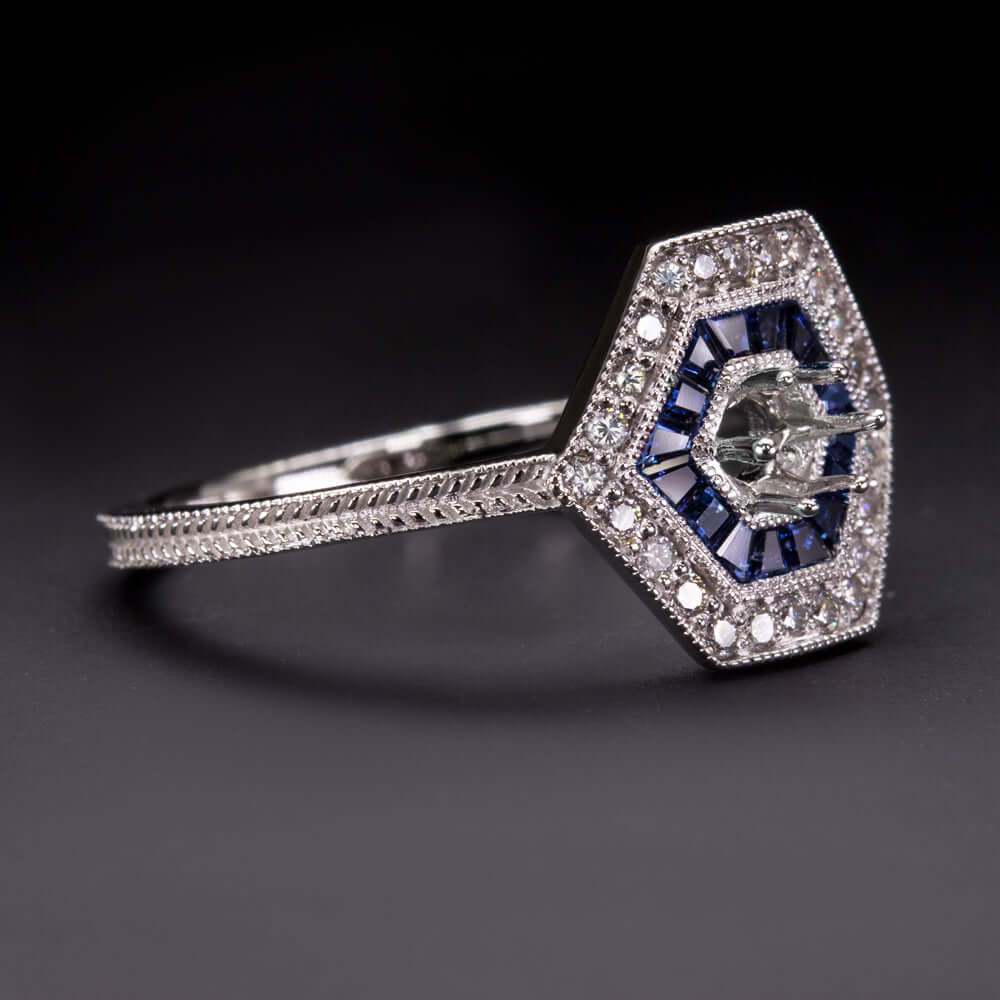 DIAMOND SAPPHIRE VINTAGE STYLE RING SETTING ROUND 4m ART DECO SEMI MOUNT CALIBRE