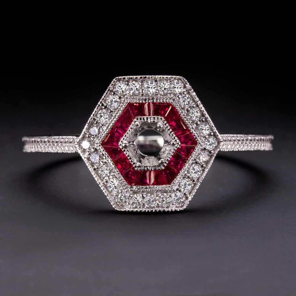 NATURAL DIAMOND RUBY VINTAGE STYLE RING SETTING ART DECO GEOMETRIC SEMI MOUNT
