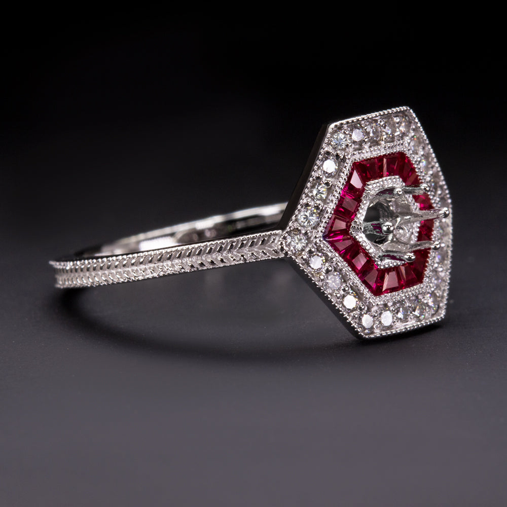 NATURAL DIAMOND RUBY VINTAGE STYLE RING SETTING ART DECO GEOMETRIC SEMI MOUNT