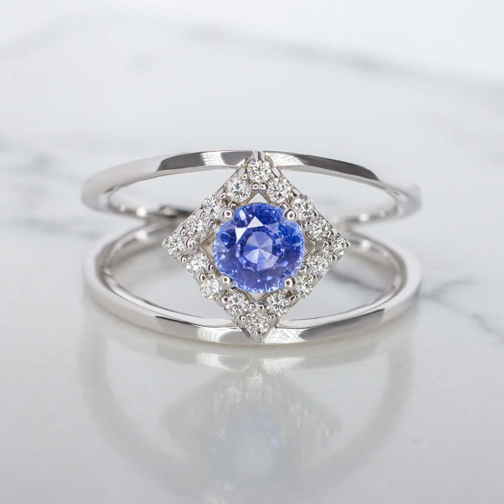 BLUE SAPPHIRE DIAMOND COCKTAIL RING GEOMETRIC MODERN DOUBLE BAND 14K WHITE GOLD