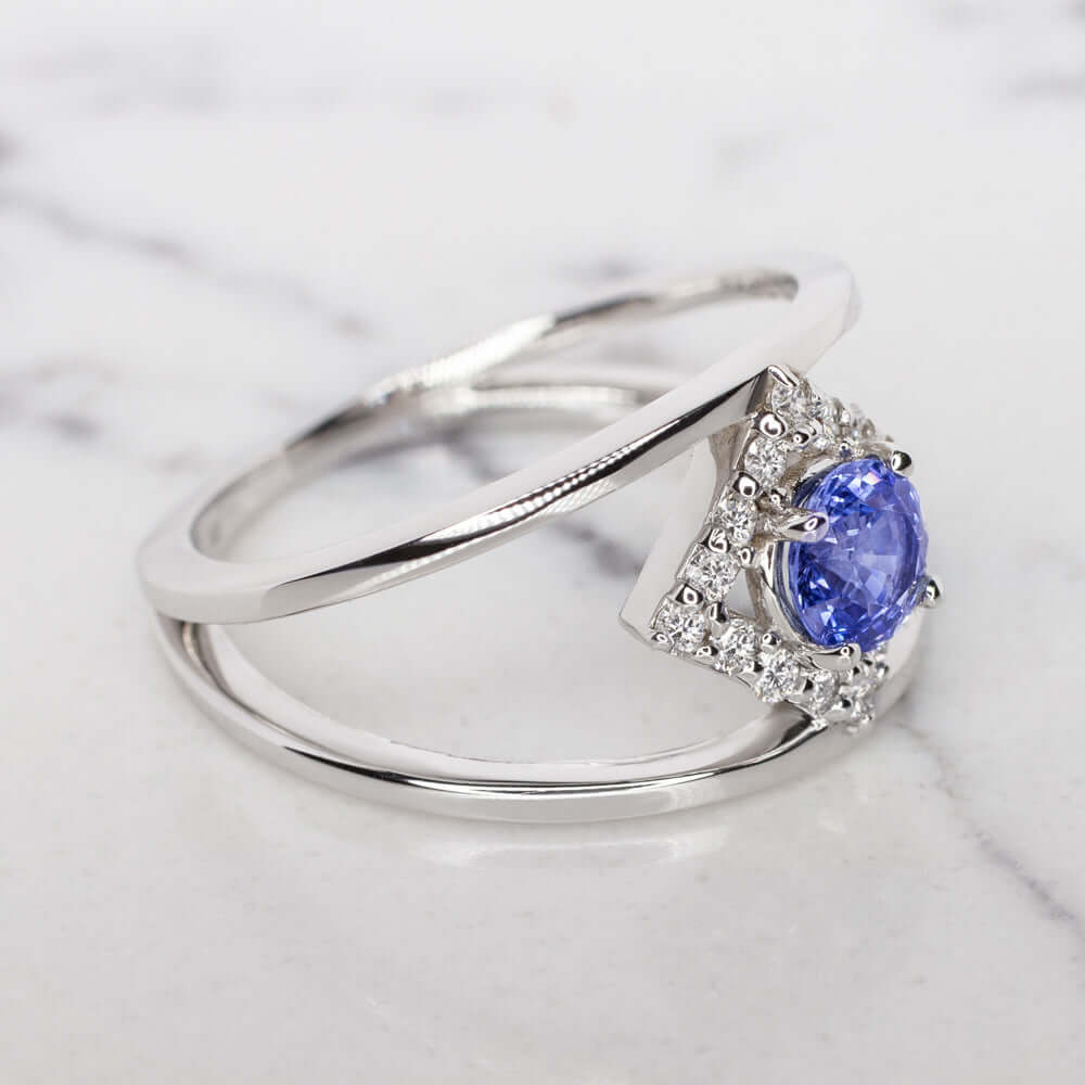 BLUE SAPPHIRE DIAMOND COCKTAIL RING GEOMETRIC MODERN DOUBLE BAND 14K WHITE GOLD
