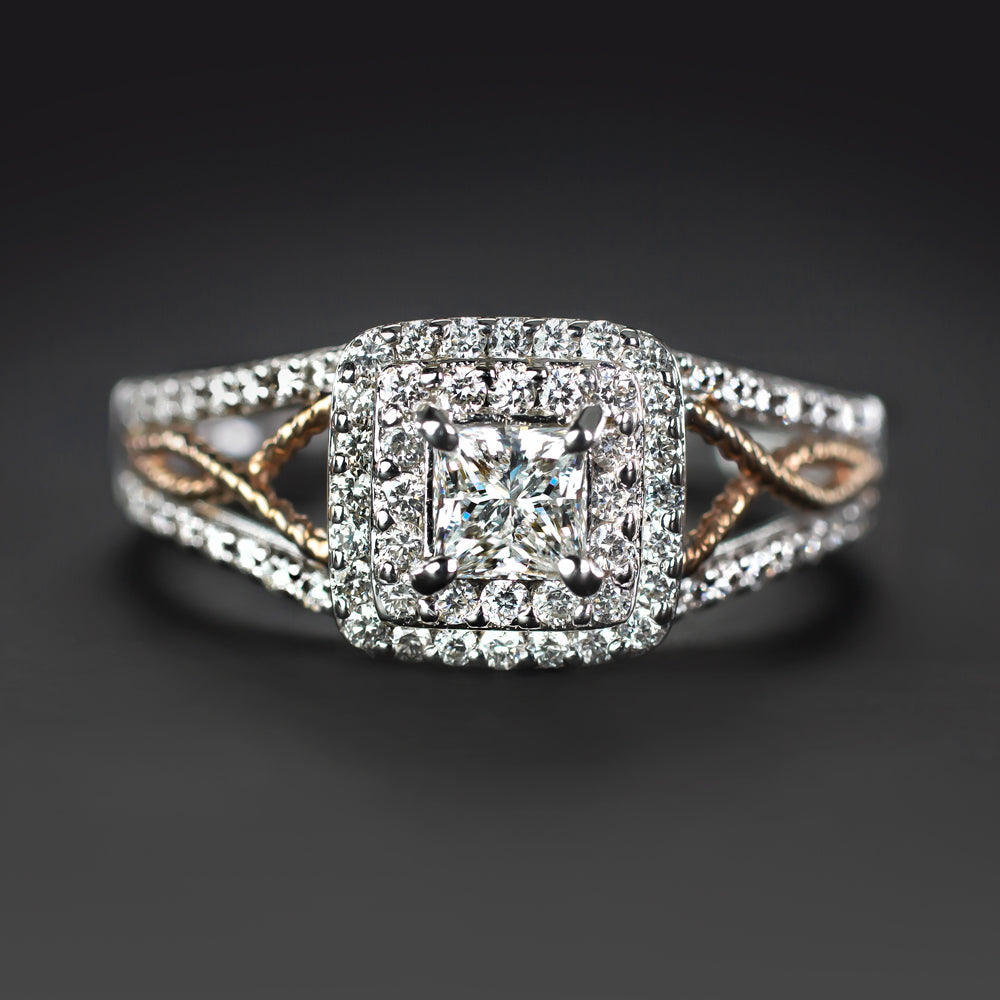 PRINCESS CUT DIAMOND ENGAGEMENT RING DOUBLE HALO TWO TONE ROSE WHITE GOLD PAVE