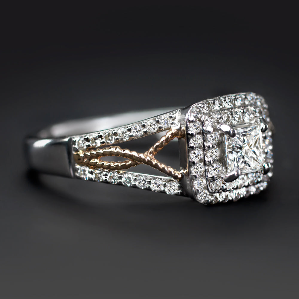 PRINCESS CUT DIAMOND ENGAGEMENT RING DOUBLE HALO TWO TONE ROSE WHITE GOLD PAVE