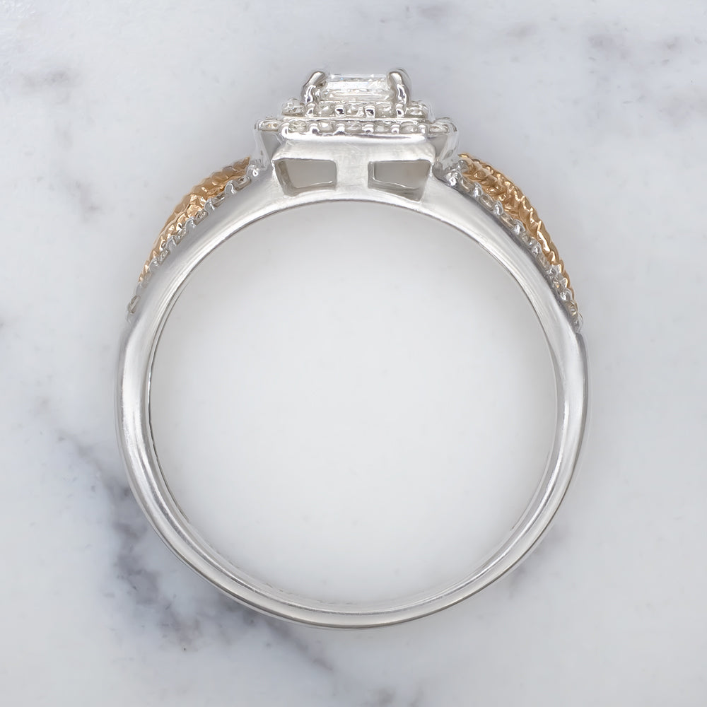 PRINCESS CUT DIAMOND ENGAGEMENT RING DOUBLE HALO TWO TONE ROSE WHITE GOLD PAVE
