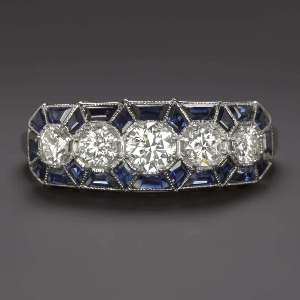 1.5ct DIAMOND SAPPHIRE VINTAGE STYLE RING ART DECO GEOMETRIC COCKTAIL WHITE GOLD