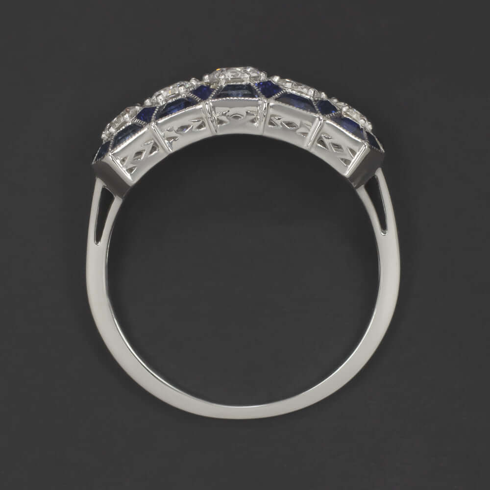 1.5ct DIAMOND SAPPHIRE VINTAGE STYLE RING ART DECO GEOMETRIC COCKTAIL WHITE GOLD