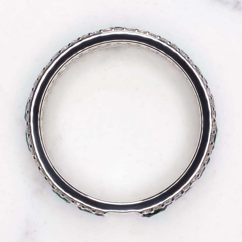 NATURAL GREEN EMERALD DIAMOND WEDDING BAND ETERNITY RING 3 ROW STACKING MARQUISE