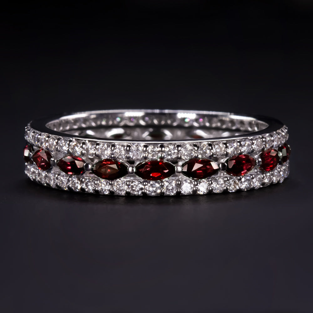 NATURAL RUBY DIAMOND WEDDING BAND ETERNITY RING 3 ROW VINTAGE STYLE WHITE GOLD