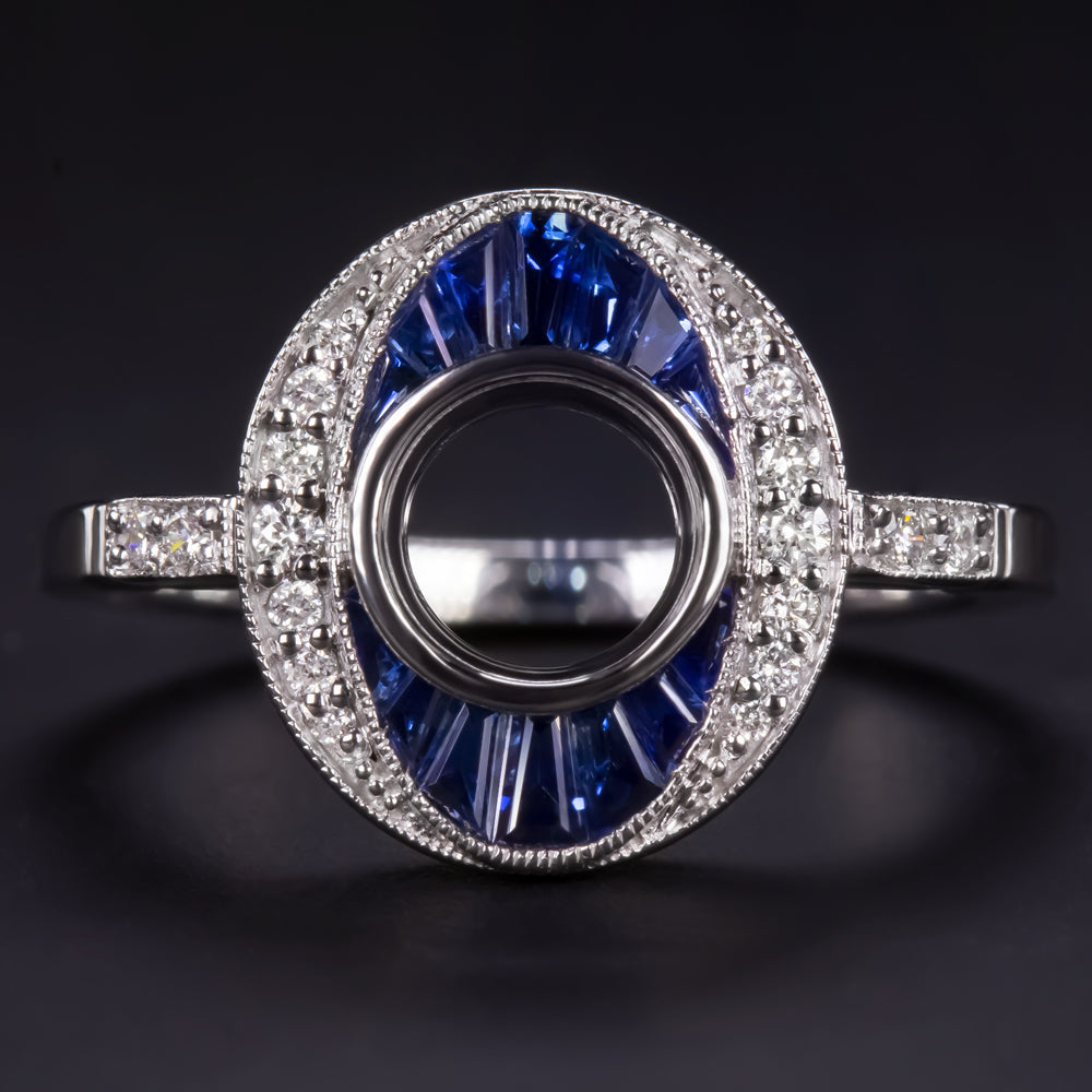 SAPPHIRE DIAMOND ENGAGEMENT RING SETTING ROUND VINTAGE STYLE DECO SEMI MOUNT
