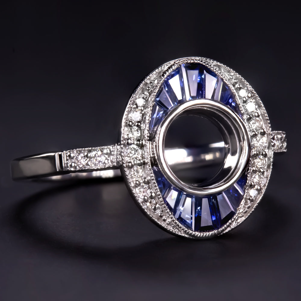 SAPPHIRE DIAMOND ENGAGEMENT RING SETTING ROUND VINTAGE STYLE DECO SEMI MOUNT