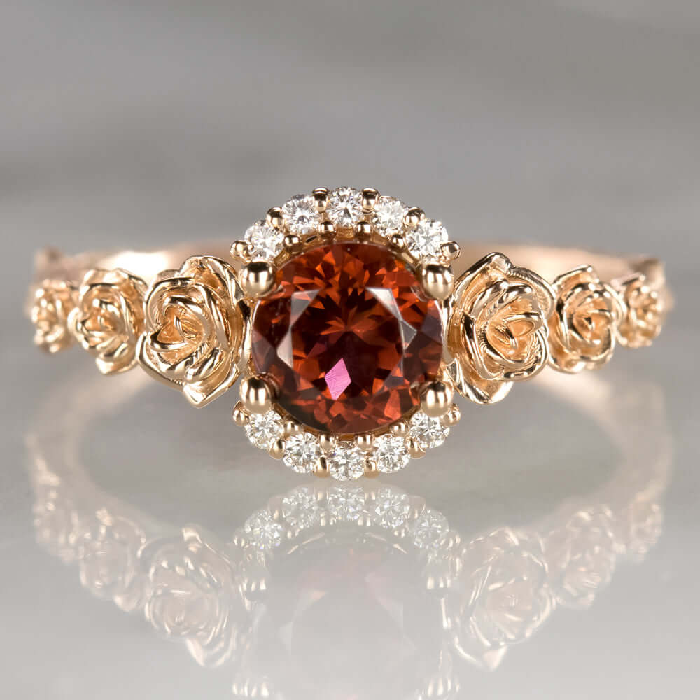 FLORAL NATURAL DIAMOND RED TOURMALINE RING 14K ROSE GOLD FLOWER RUSTIC BOTANICAL