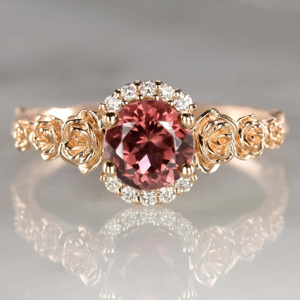 FLORAL NATURAL DIAMOND RED TOURMALINE RING 14K ROSE GOLD FLOWER RUSTIC BOTANICAL