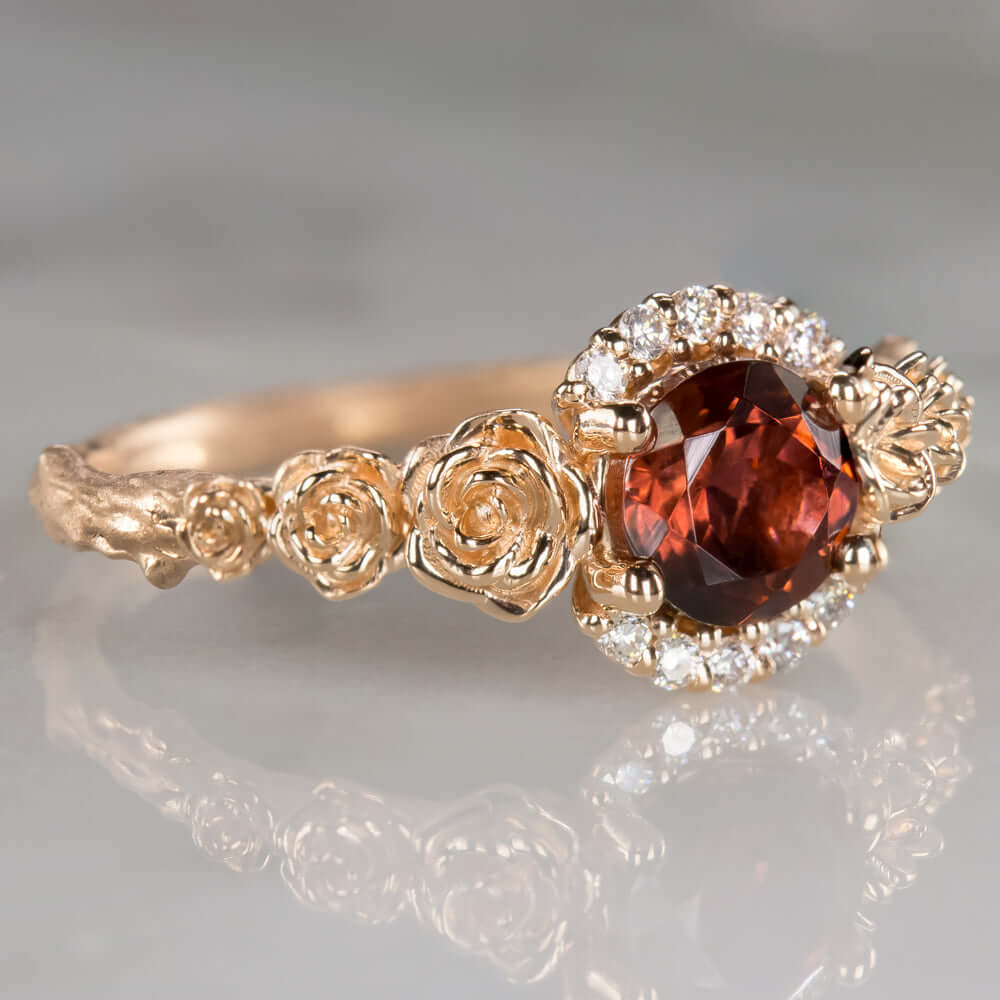 FLORAL NATURAL DIAMOND RED TOURMALINE RING 14K ROSE GOLD FLOWER RUSTIC BOTANICAL