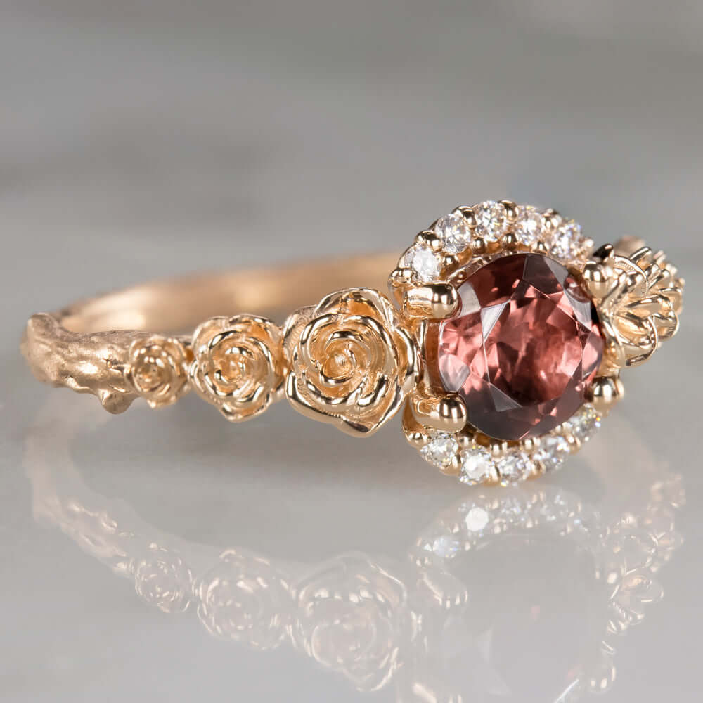 FLORAL NATURAL DIAMOND RED TOURMALINE RING 14K ROSE GOLD FLOWER RUSTIC BOTANICAL