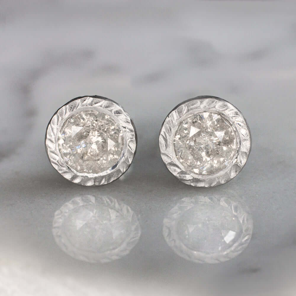 1.5ct NATURAL DIAMOND STUD EARRINGS RUSTIC HAMMERED 14K ROUND BEZEL SALT PEPPER