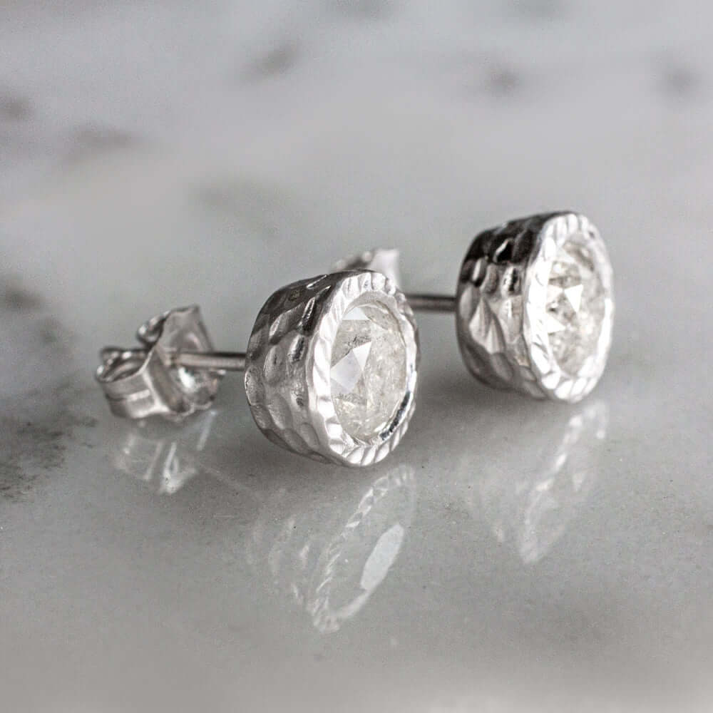 1.5ct NATURAL DIAMOND STUD EARRINGS RUSTIC HAMMERED 14K ROUND BEZEL SALT PEPPER