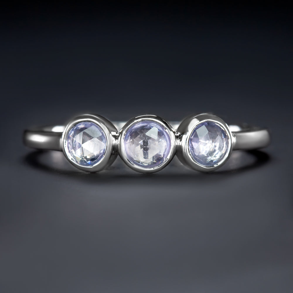 NATURAL LIGHT BLUE SAPPHIRE 3 STONE RING ROSE CUT BEZEL WHITE GOLD VINTAGE STYLE