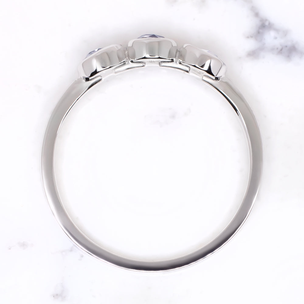 NATURAL LIGHT BLUE SAPPHIRE 3 STONE RING ROSE CUT BEZEL WHITE GOLD VINTAGE STYLE