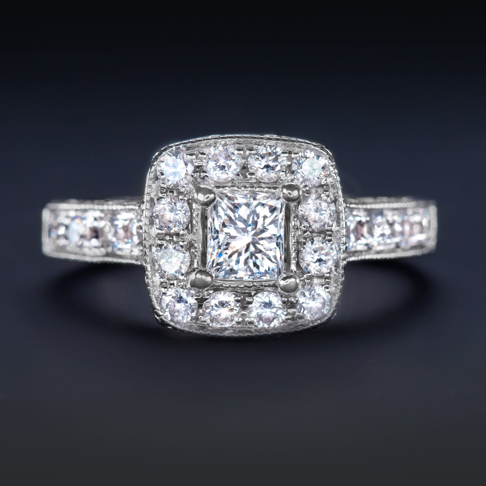 PRINCESS CUT 0.9C NATURAL DIAMOND ENGAGEMENT RING HALO WHITE GOLD VINTAGE STYLE