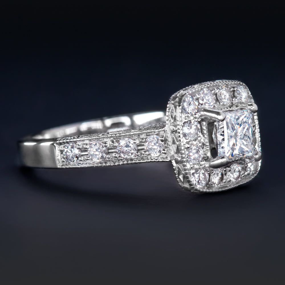 PRINCESS CUT 0.9C NATURAL DIAMOND ENGAGEMENT RING HALO WHITE GOLD VINTAGE STYLE