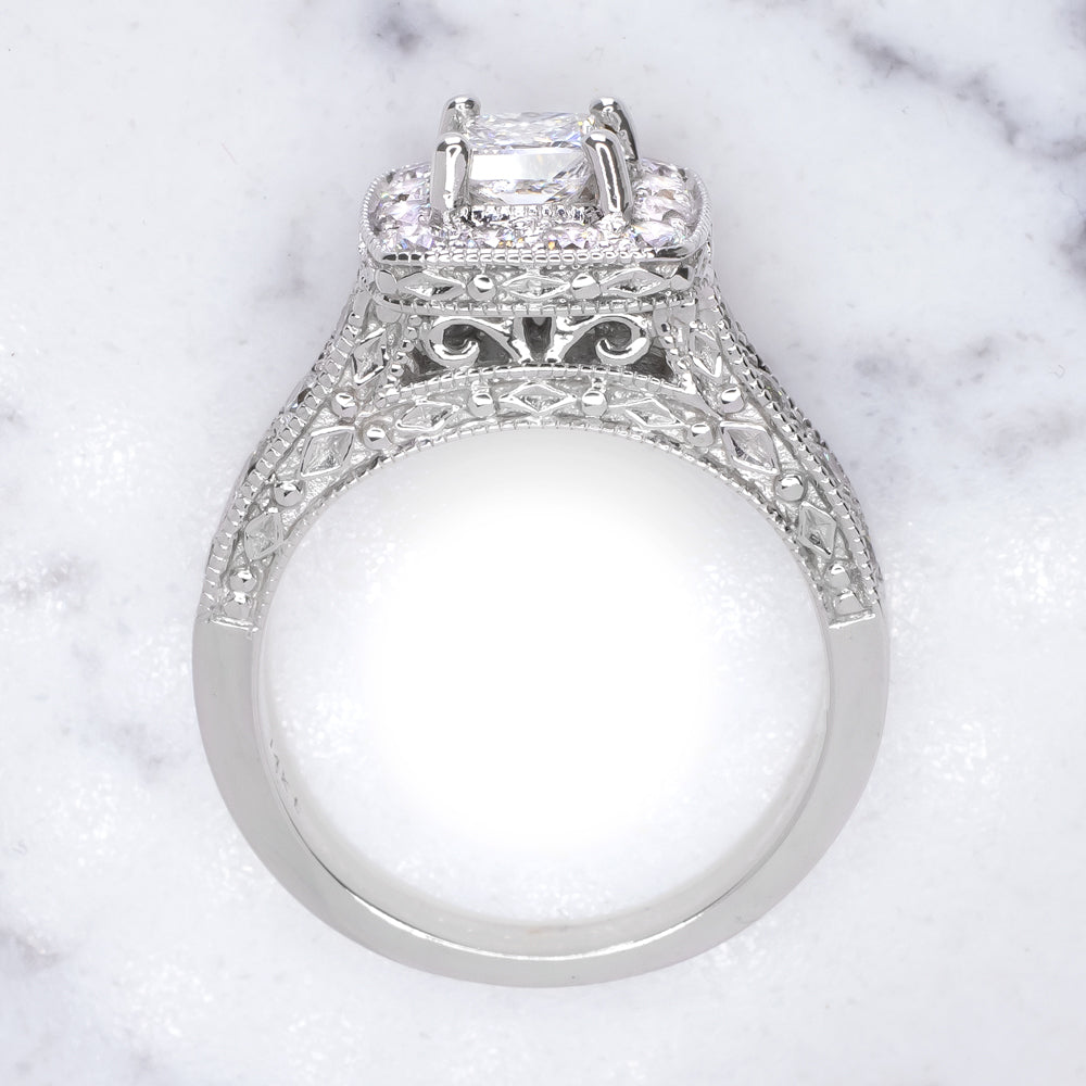PRINCESS CUT 0.9C NATURAL DIAMOND ENGAGEMENT RING HALO WHITE GOLD VINTAGE STYLE