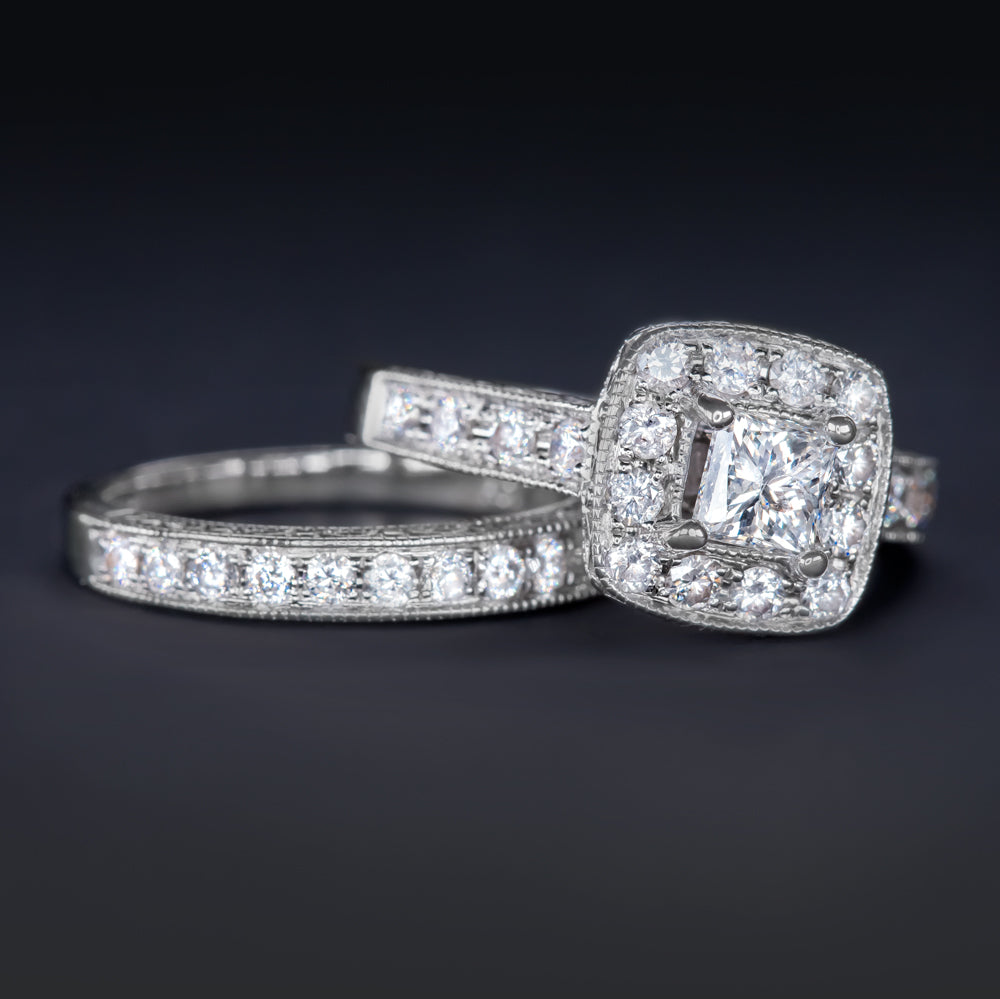 PRINCESS CUT 0.9C NATURAL DIAMOND ENGAGEMENT RING HALO WHITE GOLD VINTAGE STYLE