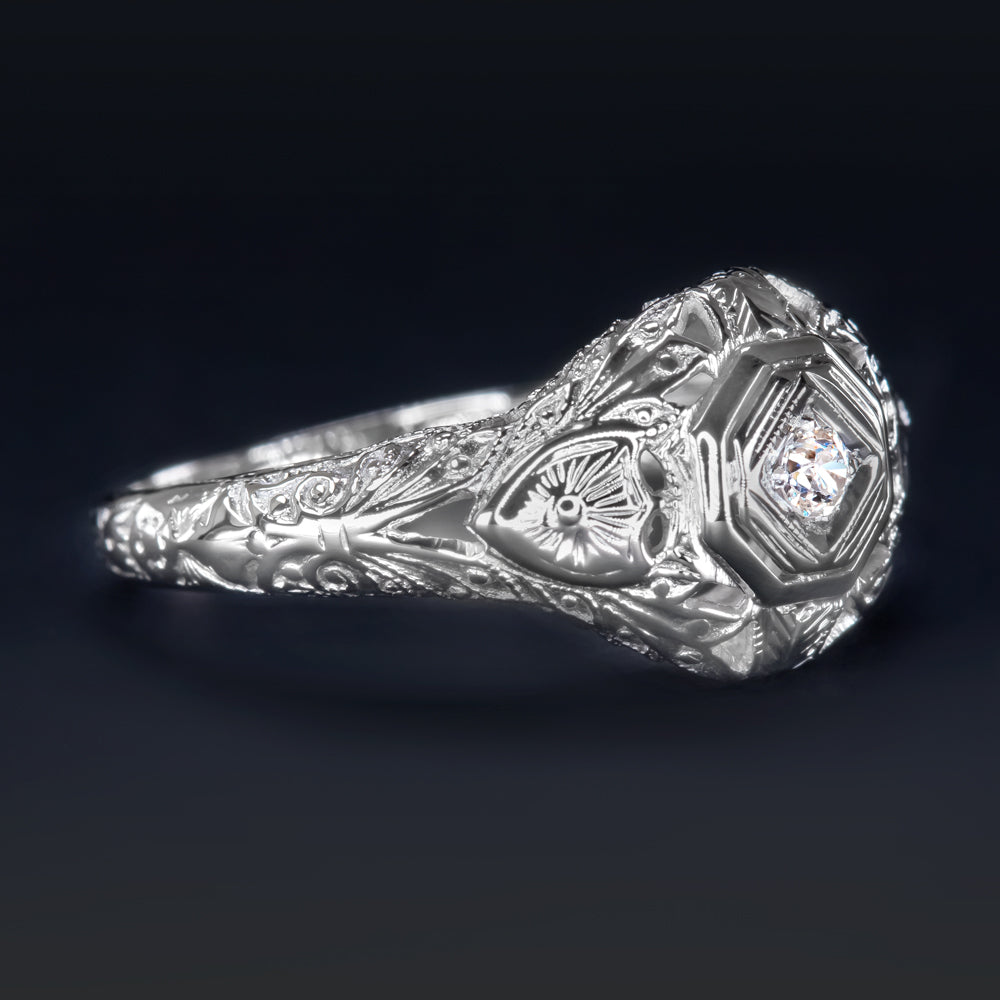 VINTAGE DIAMOND 18K WHITE GOLD ENGAGEMENT RING OLD EUROPEAN CUT FLORAL ART DECO