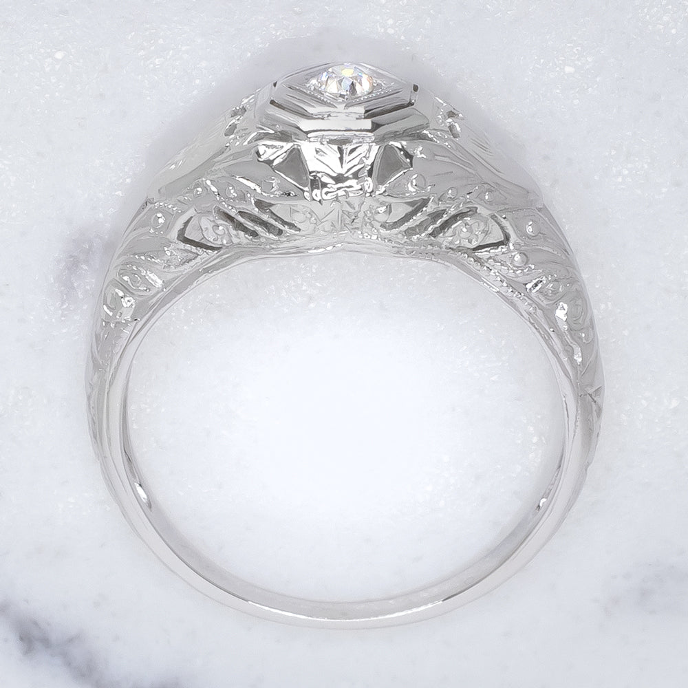 VINTAGE DIAMOND 18K WHITE GOLD ENGAGEMENT RING OLD EUROPEAN CUT FLORAL ART DECO