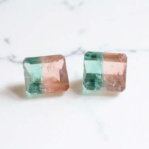 19 CARAT BI COLOR PINK TEAL TOURMALINE PAIR STUD EARRINGS EMERALD CUT WATERMELON