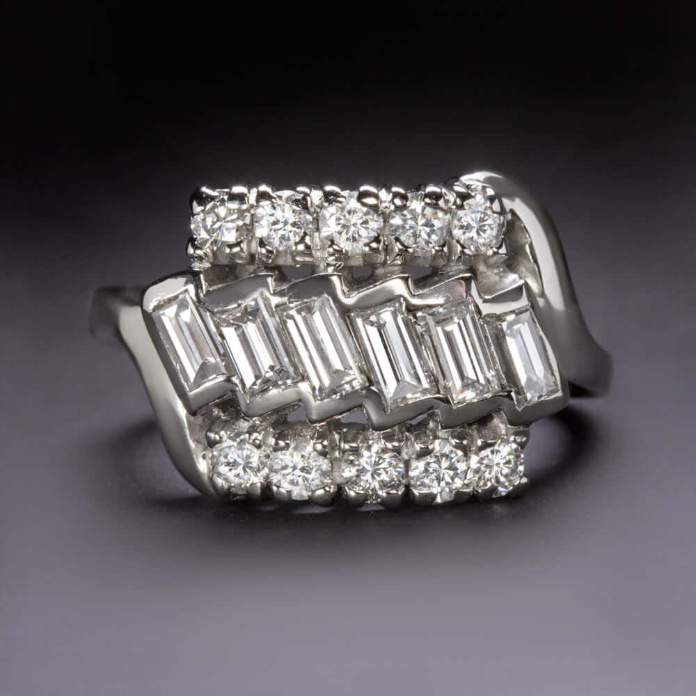 F-G VVS-SI1 0.9ct DIAMOND PALLADIUM RING VINTAGE COCKTAIL NATURAL BAGUETTE ROUND