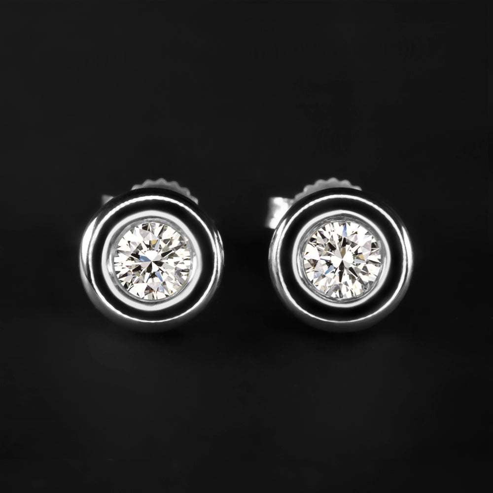 IDEAL CUT DIAMOND SCOTT KAY STUD EARRINGS 18k WHITE GOLD 1/3 CARAT ROUND BEZEL