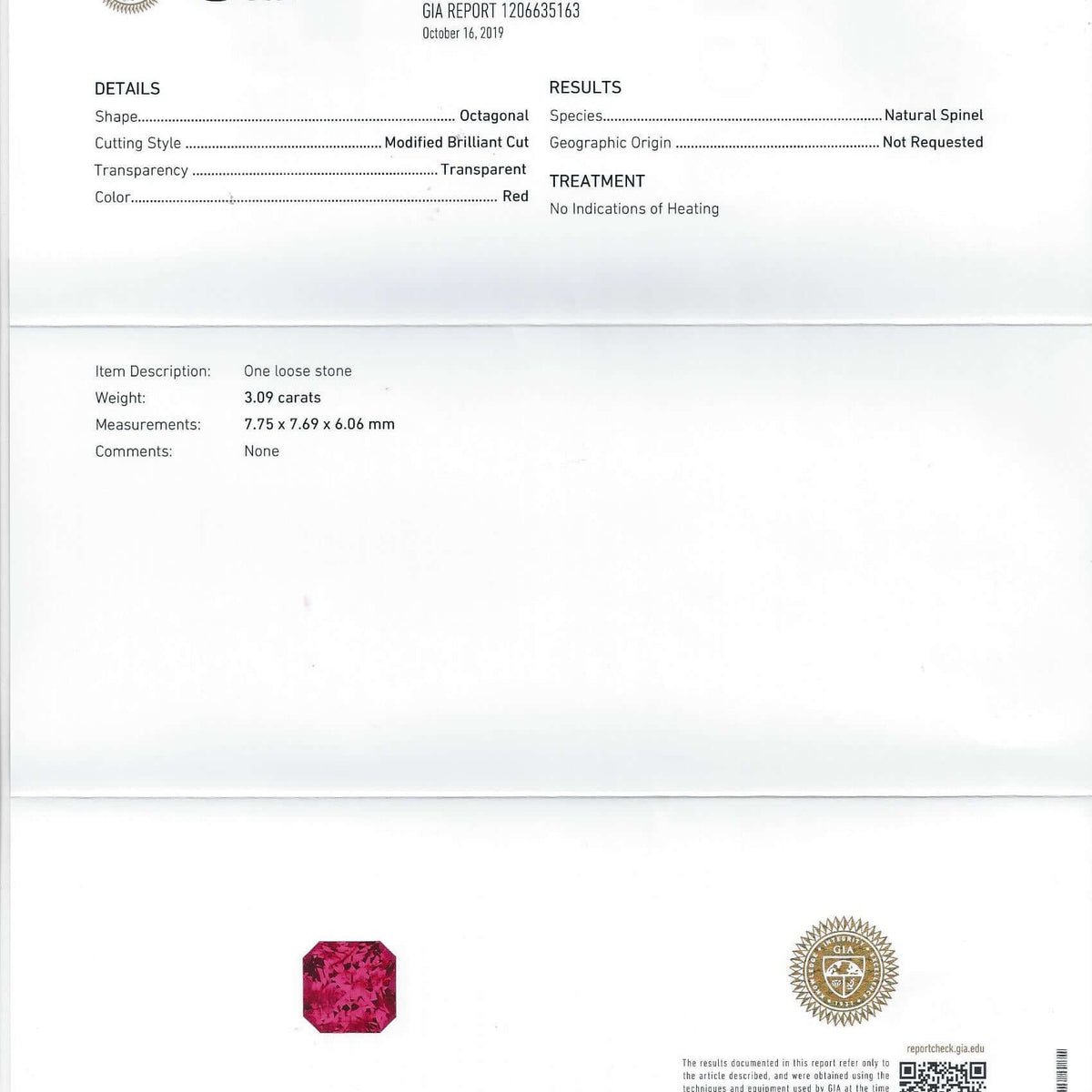 3.09ct GIA CERTIFIED NO HEAT RED SPINEL SQUARE RADIANT IDEAL CUT NATURAL 3 CARAT