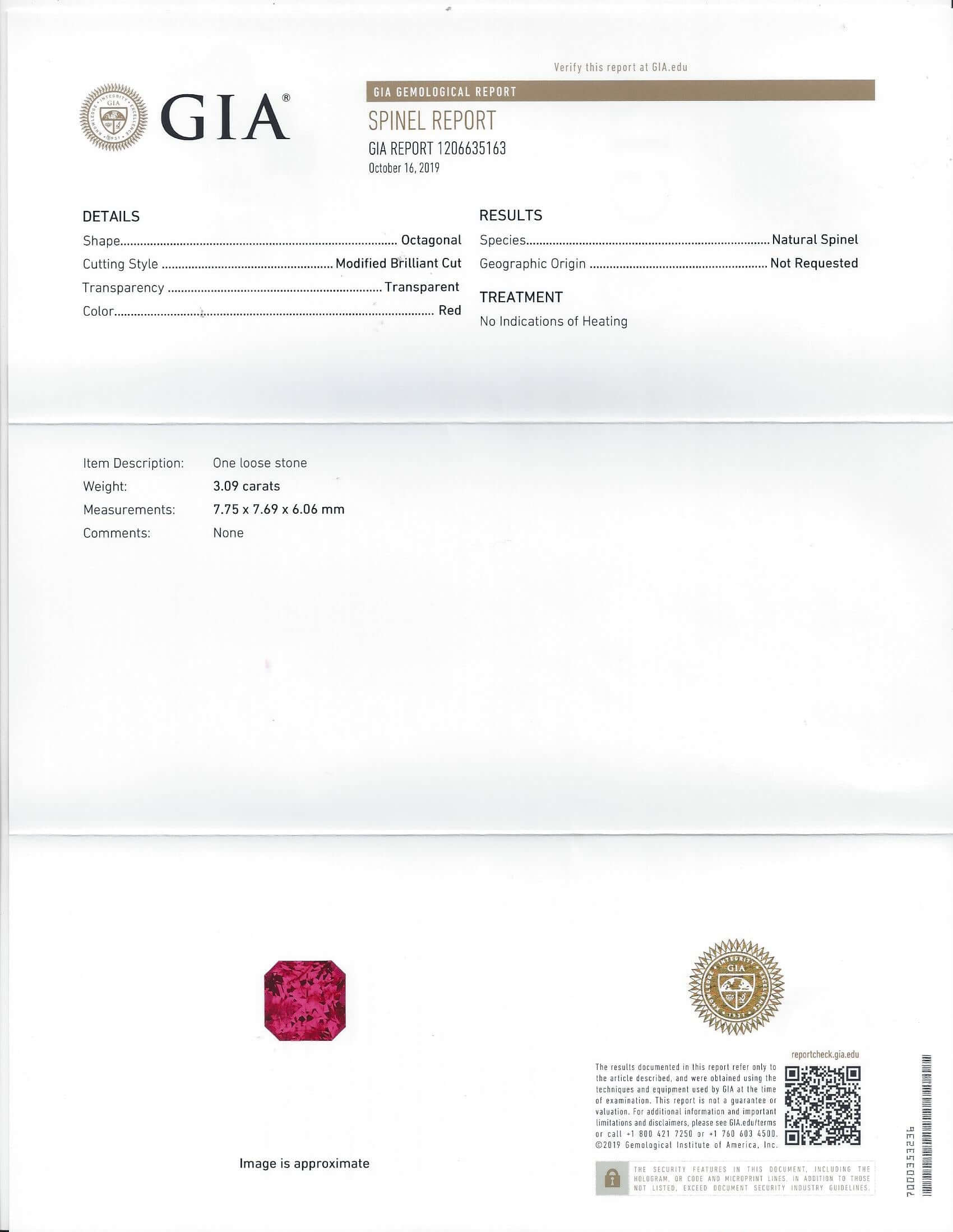 3.09ct GIA CERTIFIED NO HEAT RED SPINEL SQUARE RADIANT IDEAL CUT NATURAL 3 CARAT