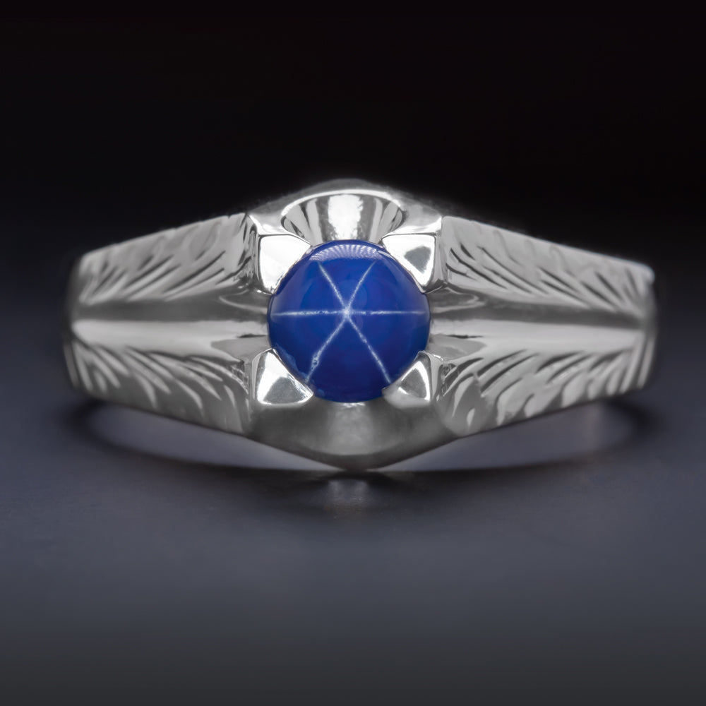STAR SAPPHIRE 7.6G 18K WHITE GOLD RING MID CENTURY VINTAGE ENGRAVED MENS LADIES