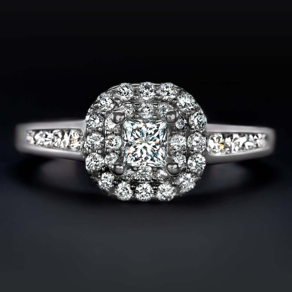 3/4ctw G VS PRINCESS CUT DIAMOND ENGAGEMENT RING DOUBLE HALO NATURAL WHITE GOLD