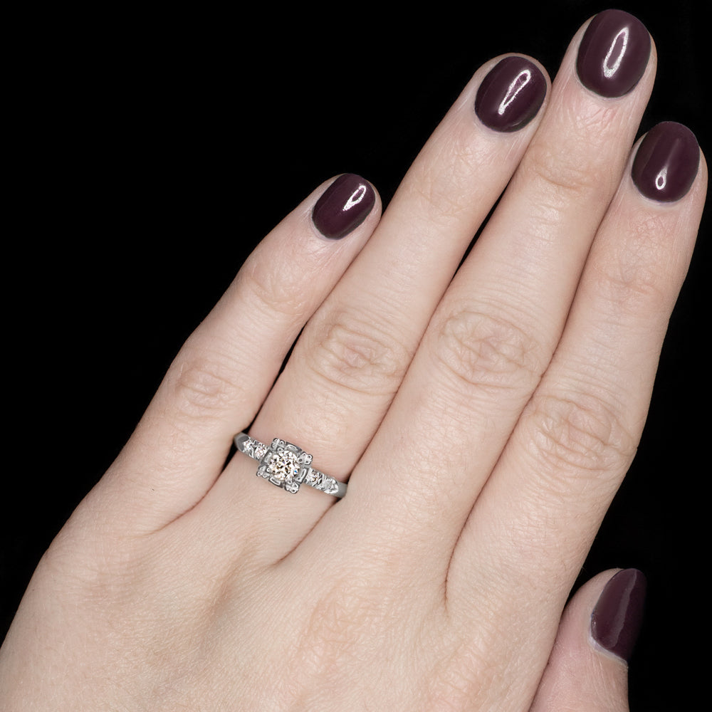 OLD EUROPEAN CUT NATURAL DIAMOND ENGAGEMENT RING 14K WHITE GOLD VINTAGE ESTATE