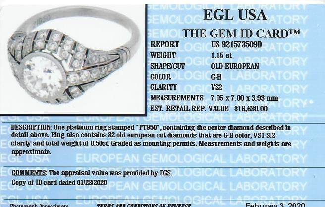1.65ct CERT G VS DIAMOND ENGAGEMENT RING OLD EURO CUT PLATINUM VINTAGE STYLE