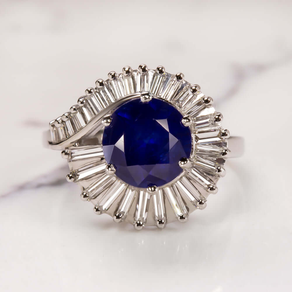 3.65c ROYAL BLUE SAPPHIRE G-H VS DIAMOND COCKTAIL RING PLATINUM ROUND CUT ESTATE