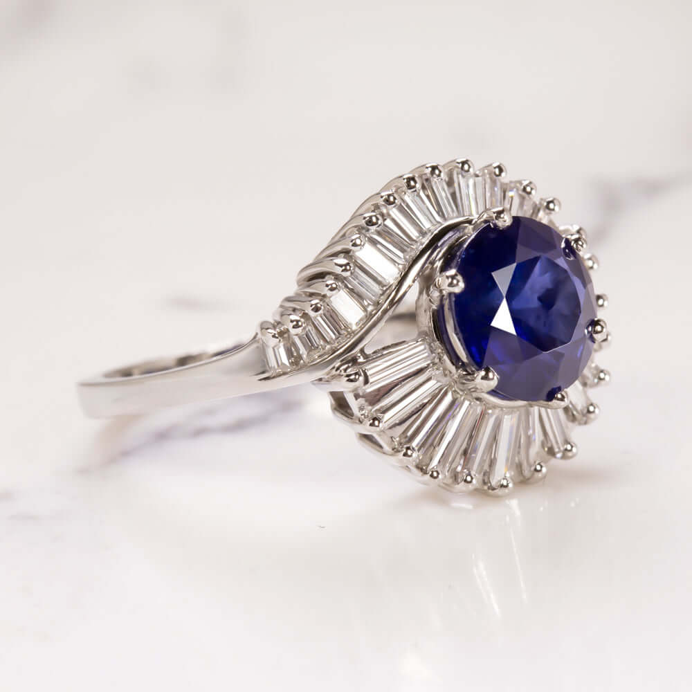 3.65c ROYAL BLUE SAPPHIRE G-H VS DIAMOND COCKTAIL RING PLATINUM ROUND CUT ESTATE